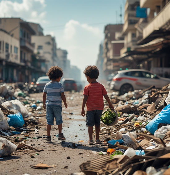 Dos niños entre los escombros. Imagen creada con IA