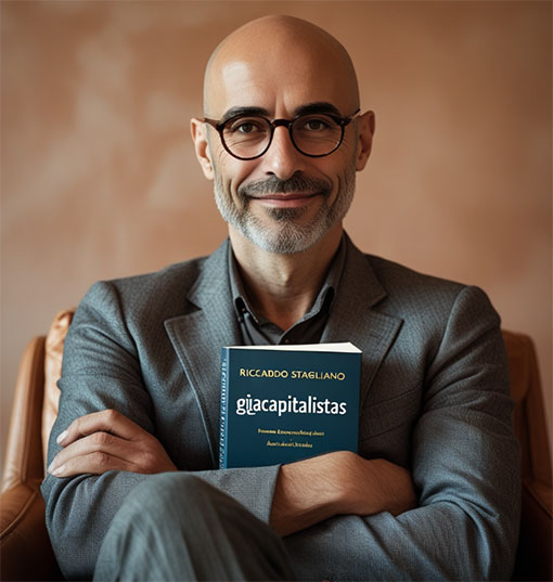 Imagen de Riccardo Staglianò con su libro, creada con IA